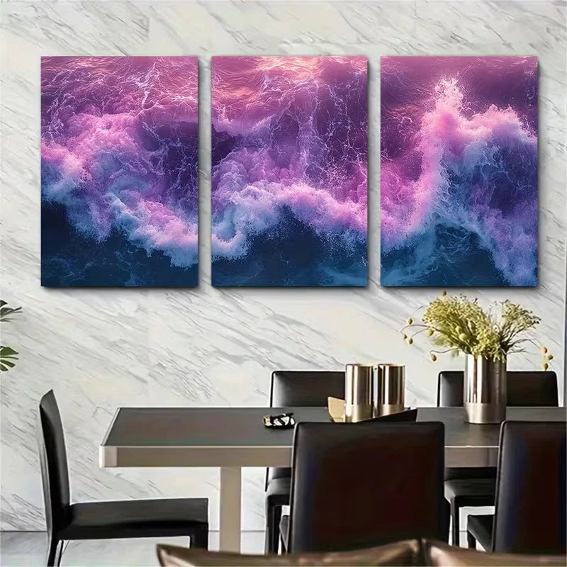 3pcs Enchanting Purple, Pink and Teal Coastal Metal Print Ready to Hang Art