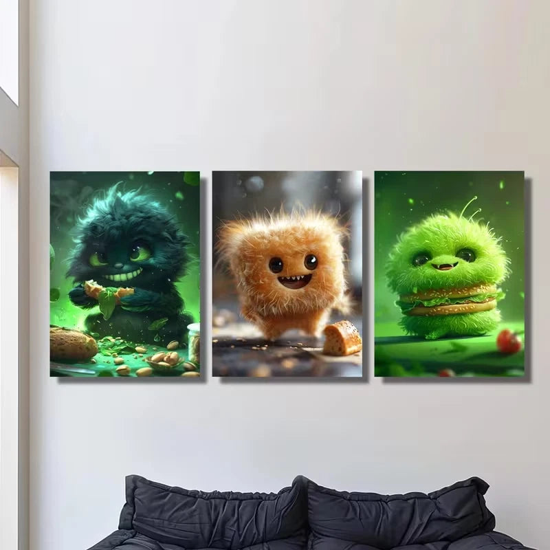 3pcs Green Furry Monster Burger, Abstract Cute Metal Print Ready to Hang Art