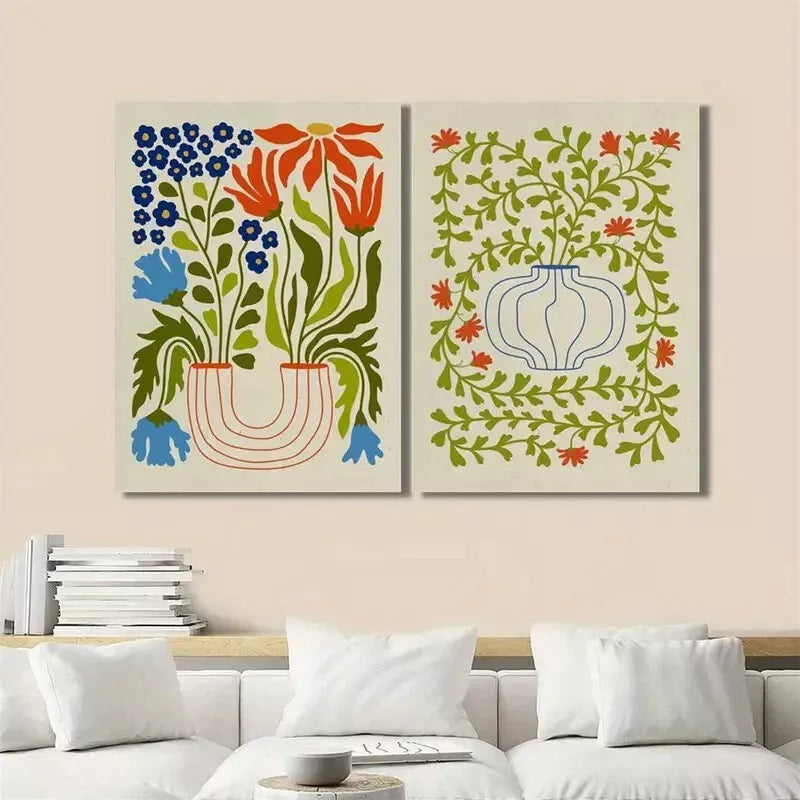 2pcs Decorative Painting, Potted Plants, Retro Abstract Canvas Framed 50x75cm - High Quality Print 100% Australian Made Wall Canvas Ready to Hang - Bella Home Decor
