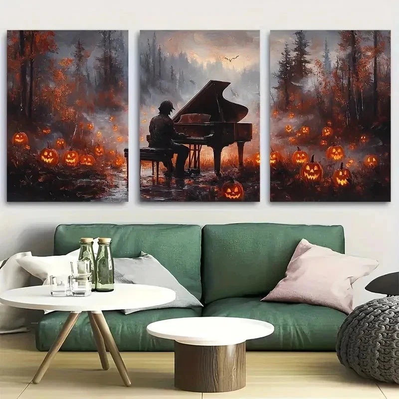 3pcs Set of three Spooky Ghoul Playing Piano Wall Art Set Canvas Framed 60x90cm - High Quality Print 100% Australian Made Wall Canvas Ready to Hang