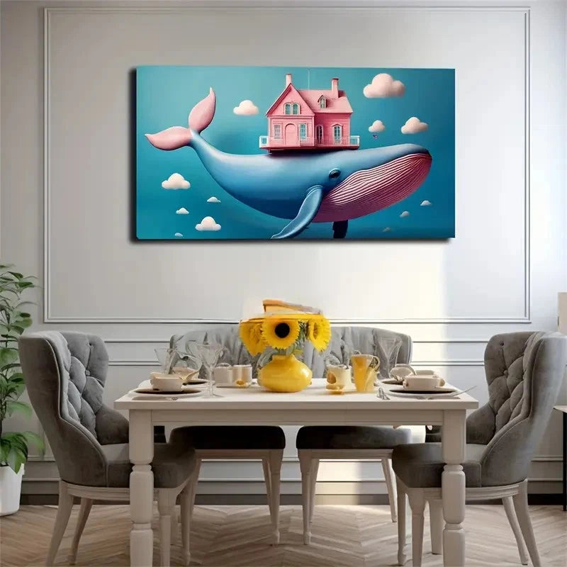 Whimsical Whale & Wall Art Canvas Office Home Room Framed 120x60cm