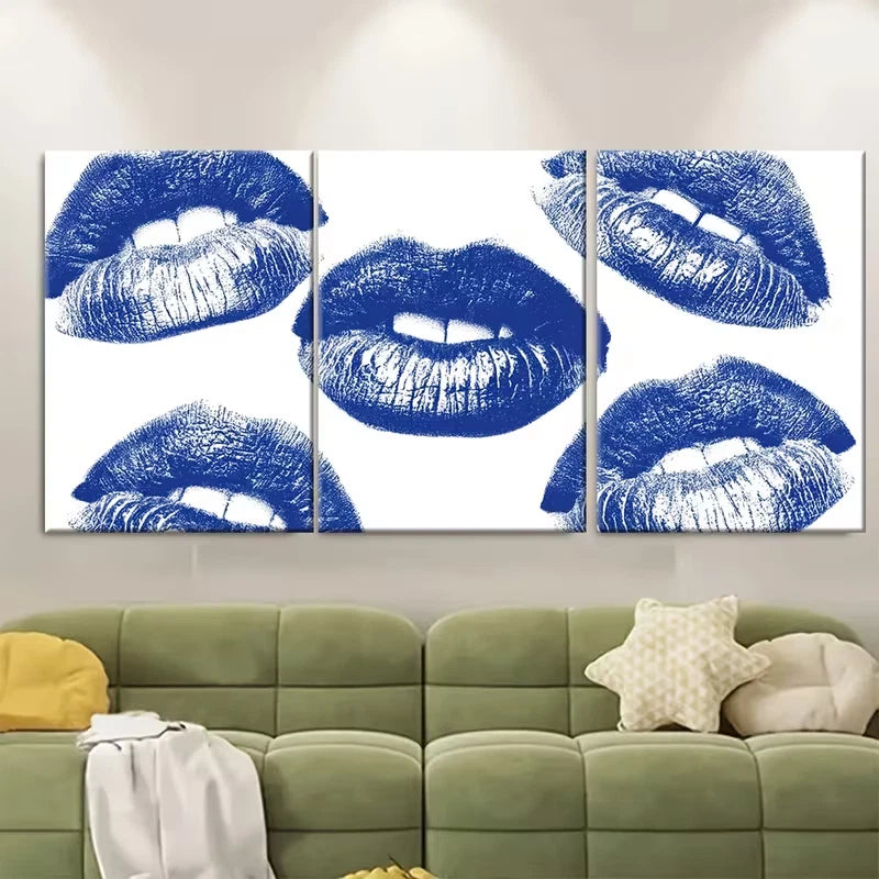 3pcs Navy Blue Kiss Lips Artwork Metal Print Ready to Hang Art