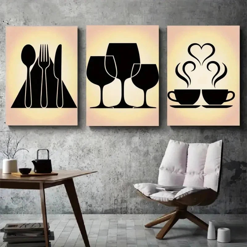 3pcs Cutlery, Wine Glasses, Coffee Cups Wall Art Set Canvas Framed 40x60cm - High Quality Print 100% Australian Made Wall Canvas Ready to Hang - Bella Home Decor