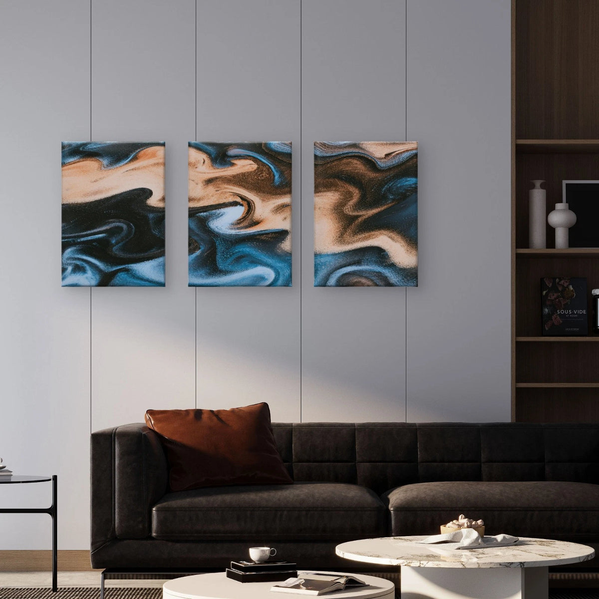3pcs Blue and Bronze Marble Abstract Fluid Swirl Wall Art Set Canvas Framed 50x70cm - High Quality Print 100% Australian Made Wall Canvas Ready to Hang