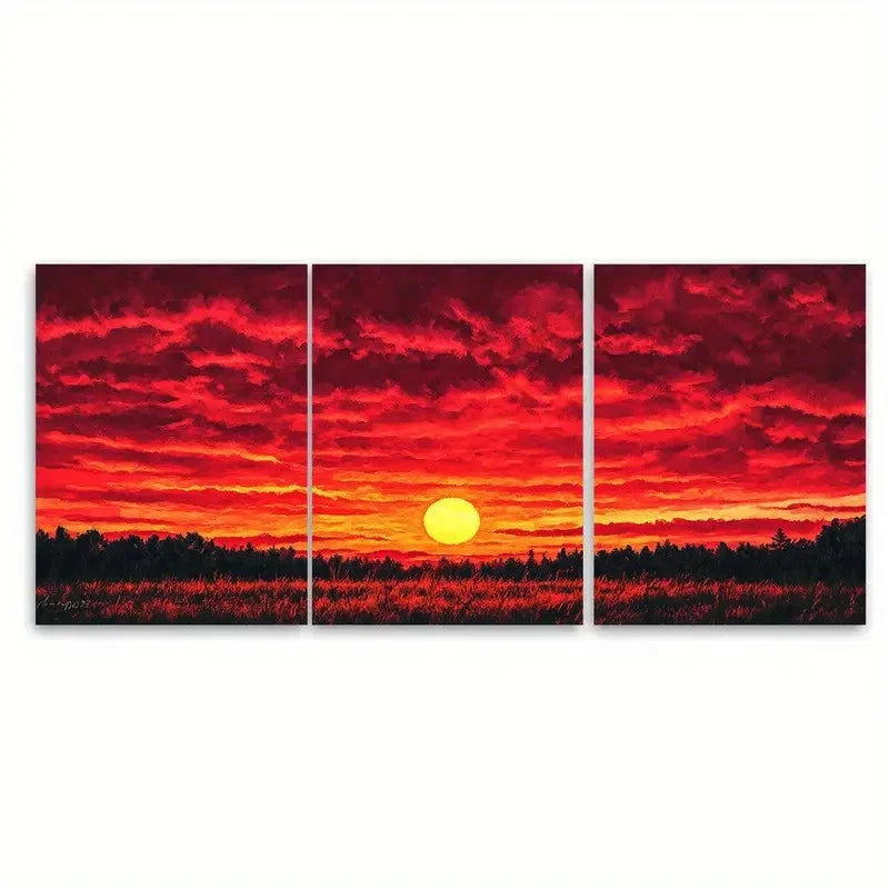 3pcs Modern Stunning Red Sunset Illustration Wall Art Set Canvas Framed 60x90cm - High Quality Print 100% Australian Made Wall Canvas Ready to Hang