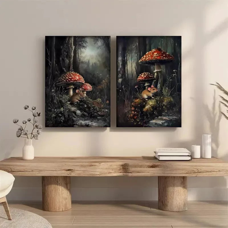 2pcs Set Enchanted Forest Mural Mushrooms & Floral Rat Framed 50x75cm - High Quality Print 100% Australian Made Wall Canvas Ready to Hang - Bella Home Decor