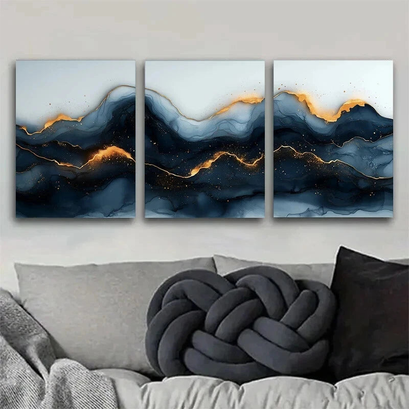 3pcs Black, Gray & Golden Fluid Mountain & Wave Metal Print Ready to Hang Art