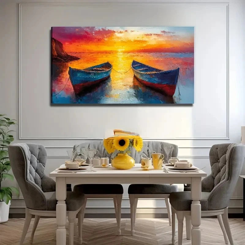 Boat At Sunset Paint Perfect Wall Art Canvas Office Home Room Framed 120x60cm