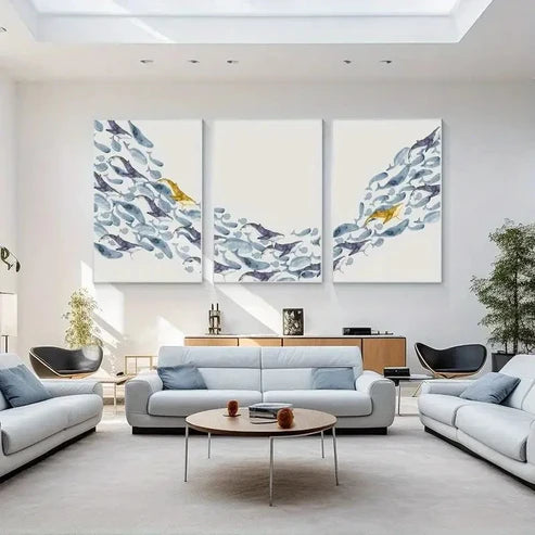 3pcs Blue & Golden Watercolor Designs Wall Art Canvas Unframed - High Quality Print 100% Australian Made Wall Canvas - Bella Home Decor