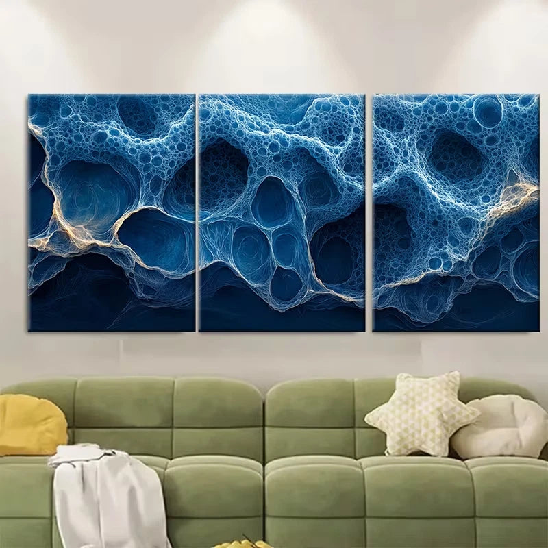 3pcs Blue Abstract Cellular Texture Metal Print Ready to Hang Art