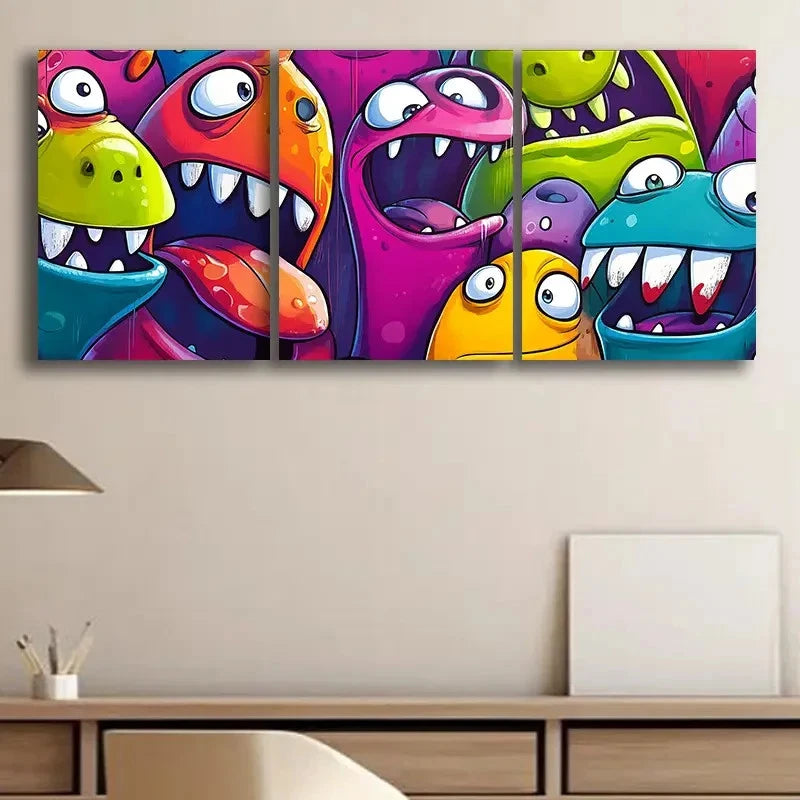 3pcs Colorful Cartoon Monsters Wall Art Set Canvas Framed 60x90cm - High Quality Print 100% Australian Made Wall Canvas Ready to Hang - Bella Home Decor