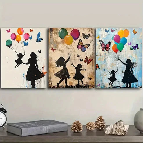 3pcs Little girl and butterfly balloon Wall Art Set Canvas Unframed - High Quality Print 100% Australian Made Wall Canvas