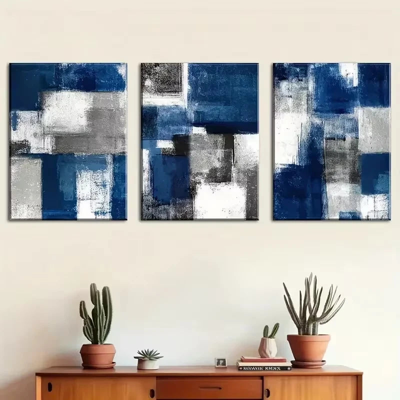 3pcs Abstract Blue Geometric Designs Metal Print Ready to Hang Art