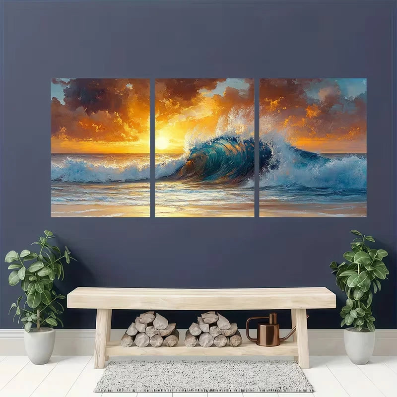 3pcs Ocean Sunsets And Wave Riders Metal Print Ready to Hang Art