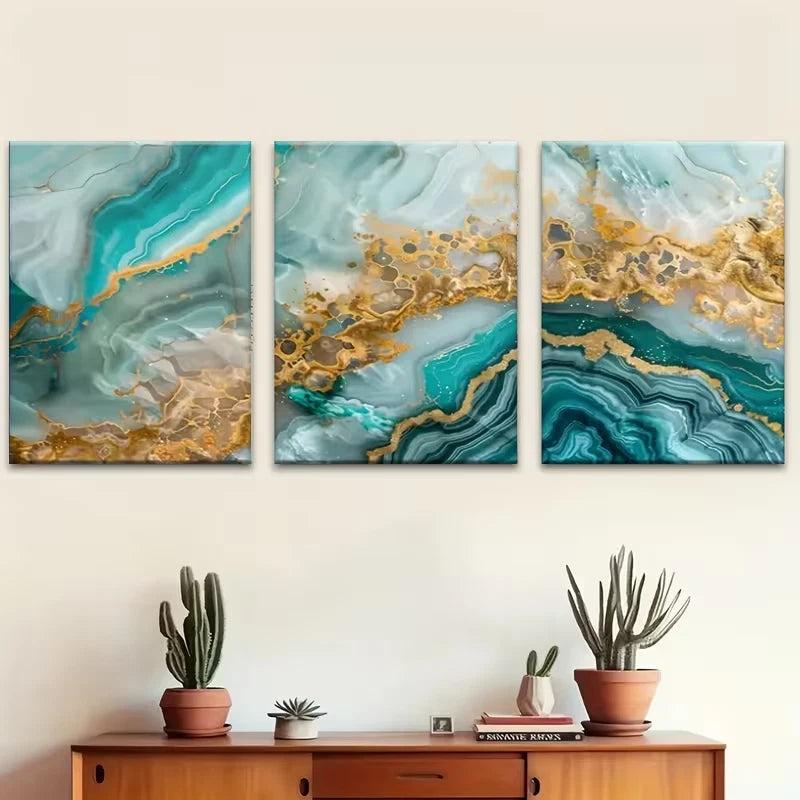 3pcs Featuring Turquoise And Golden Marble Metal Print Ready to Hang Art