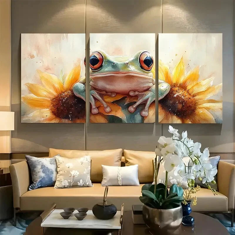 3pcs Frog Sunflower Watercolor Design Metal Print Ready to Hang Art