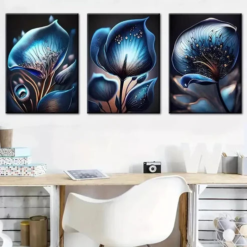 3pcs Modern Dark Blue Fantasy Flowers Abstract Wall Art Canvas Unframed - High Quality Print 100% Australian Made Wall Canvas