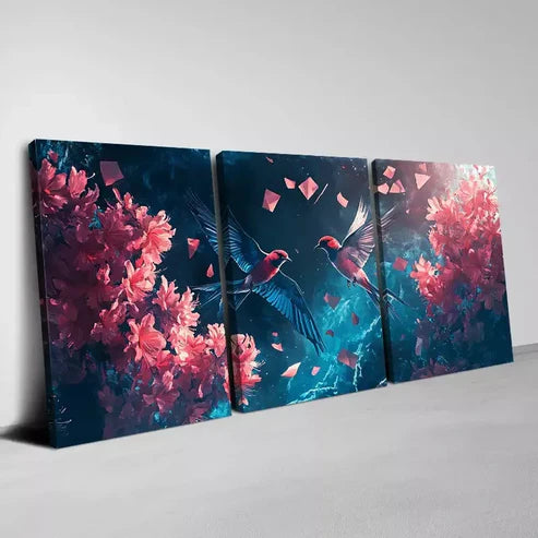3pcs Elegant Swallows with Modern Pink Florals Wall Art Canvas Unframed - High Quality Print 100% Australian Made Wall Canvas