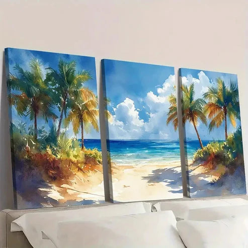 3pcs Tropical Palm Tree Watercolor Art FG Wall Art Set Canvas Unframed - High Quality Print 100% Australian Made Wall Canvas - Bella Home Decor