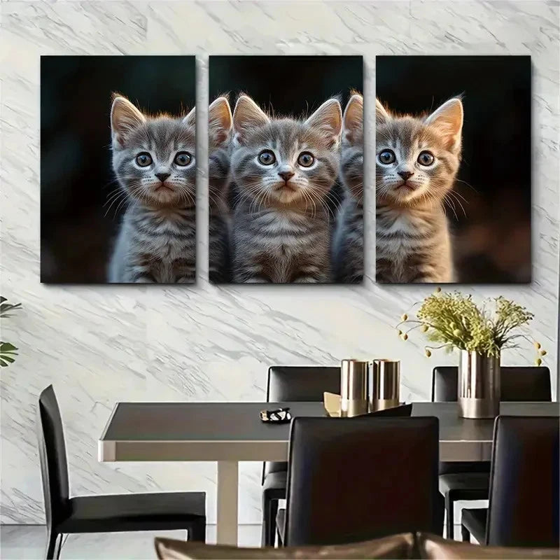 3pcs Fluffy Grey Cats with Blue Eyes C Wall Art Set Canvas Framed 50x70cm - High Quality Print 100% Australian Made Wall Canvas Ready to Hang - Bella Home Decor