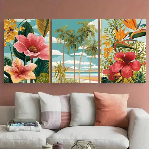 3pcs Lanzarote Travel Beach Floral Illustration Wall Art Canvas Unframed - High Quality Print 100% Australian Made Wall Canvas