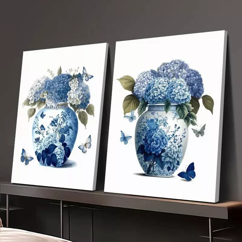 2pcs Blue Hydrangea Flowers and Navy Ginger Jar Blue Canvas Framed 50x75cm - High Quality Print 100% Australian Made Wall Canvas Ready to Hang - Bella Home Decor
