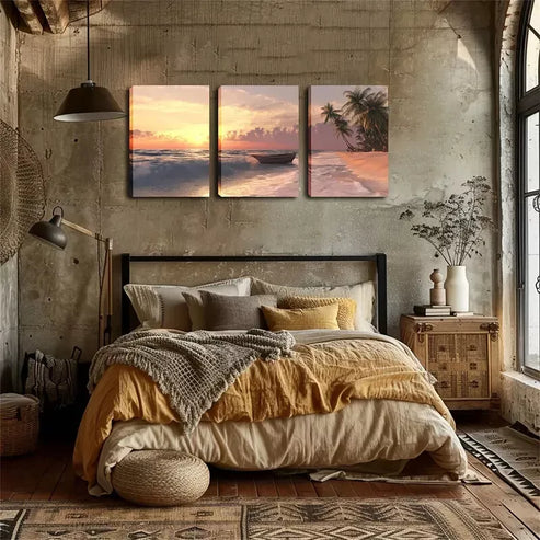 3pcs Tropical Seascape with Palm Trees & Rowboat Wall Art Canvas Unframed - High Quality Print 100% Australian Made Wall Canvas