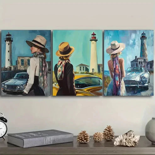 3pcs The girl by the old car (4) Wall Art Set Canvas Unframed - High Quality Print 100% Australian Made Wall Canvas