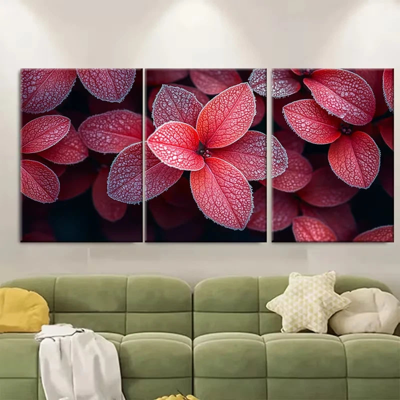 3pcs Vibrant Crimson Azalea Leaves Metal Print Ready to Hang Art