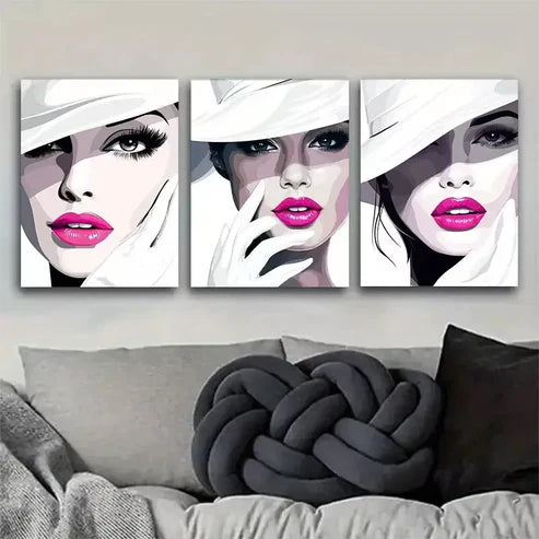 3pcs Stylish Fashionista Faces Triptych Wall Art Set Wall Art Canvas Unframed - High Quality Print 100% Australian Made Wall Canvas