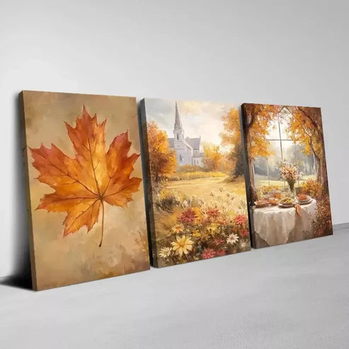 3pcs Beautiful Autumn Town with Dry Leaves Wall Art Canvas Unframed - High Quality Print 100% Australian Made Wall Canvas - Bella Home Decor