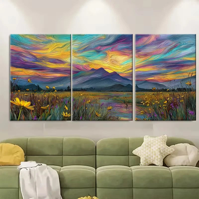 3pcs Vibrant Sunset Over River Scene Nature Metal Print Ready to Hang Art