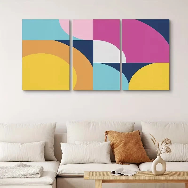 3pcs Colorful Block and Circle Illusion Metal Print Ready to Hang Art