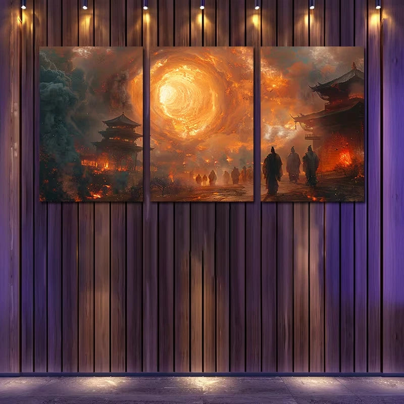 3pcs Vibrant Ancient Cityscape with Swirling Sky Wall Art Set Canvas Framed 60x90cm - High Quality Print 100% Australian Made Wall Canvas Ready to Hang