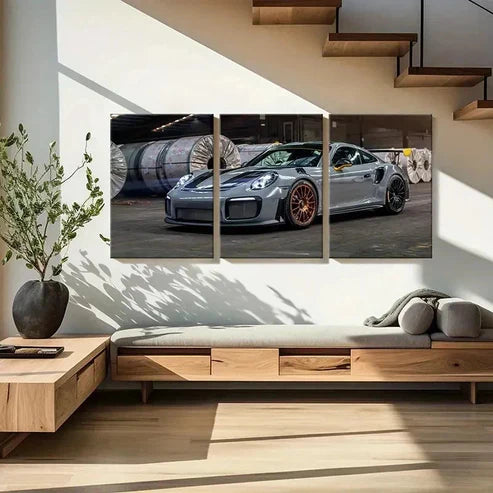 3pcs Silver Porsche Sports Car Modern Wall Art Canvas Unframed - High Quality Print 100% Australian Made Wall Canvas