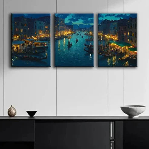 3pcs Venice's Grand Canal at Night Dark Perfect Wall Art Set Canvas Unframed - High Quality Print 100% Australian Made Wall Canvas