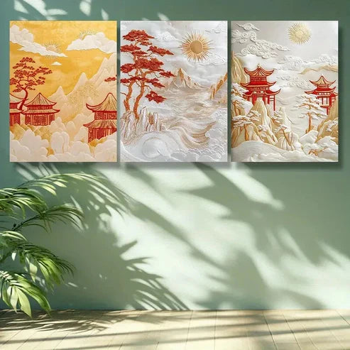 3pcs Chinese Traditional Pavilion Wall Art Set Canvas Unframed - High Quality Print 100% Australian Made Wall Canvas - Bella Home Decor