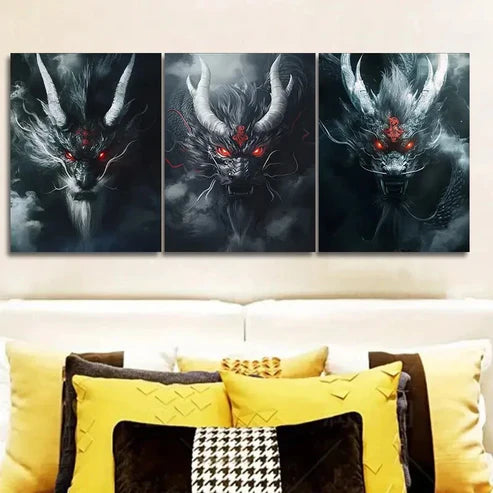 3pcs Silver Metal Dragon Wall Art Canvas Unframed - High Quality Print 100% Australian Made Wall Canvas