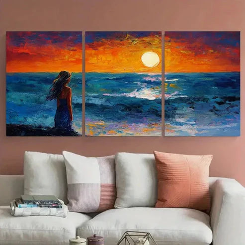 3pcs Girl Beach Night Seascape Design Wall Art Set Canvas Unframed - High Quality Print 100% Australian Made Wall Canvas - Bella Home Decor