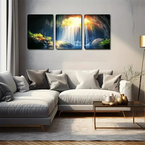 3pcs Waterfall & Cave Landscape Wall Art Canvas Unframed - High Quality Print 100% Australian Made Wall Canvas