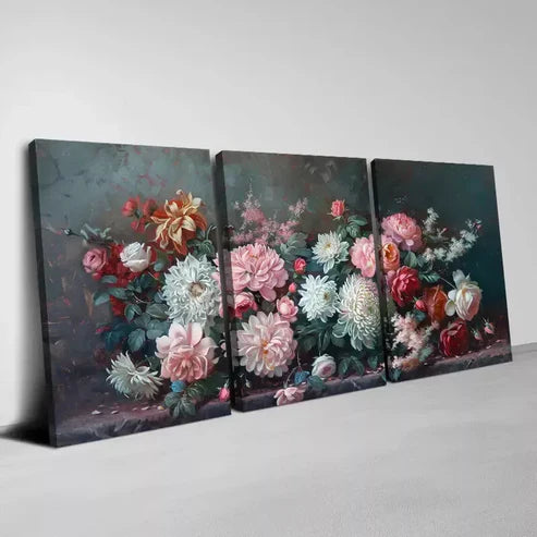 3pcs Artistic Flair, Vintage Beautiful Flowers Wall Art Set Canvas Unframed - High Quality Print 100% Australian Made Wall Canvas - Bella Home Decor