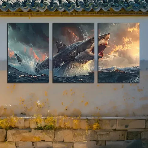 3pcs Large Shark Swimming Over Art Canvas Unframed - High Quality Print 100% Australian Made Wall Canvas
