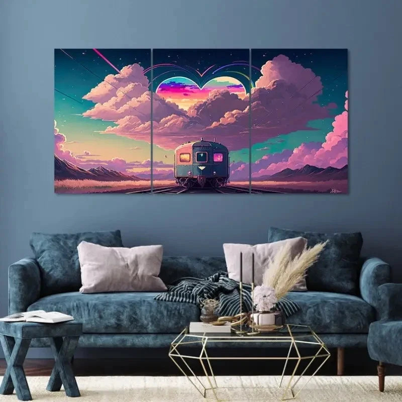 3pcs Fantasy World Train pink Wall Art Set Canvas Framed 50x70cm - High Quality Print 100% Australian Made Wall Canvas Ready to Hang - Bella Home Decor