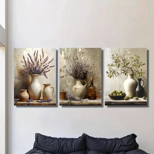 3pcs Rustic Lavender Pottery Jar Wall Art Canvas Unframed - High Quality Print 100% Australian Made Wall Canvas