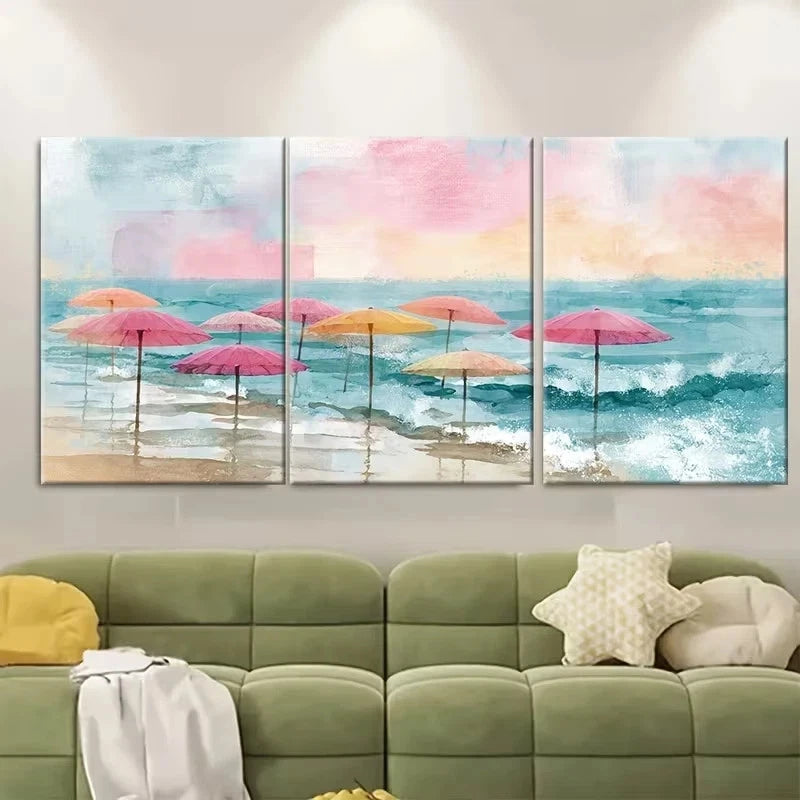 3pcs Pink Umbrellas & Ocean Waves Wall Art Set Canvas Framed 50x70cm - High Quality Print 100% Australian Made Wall Canvas Ready to Hang