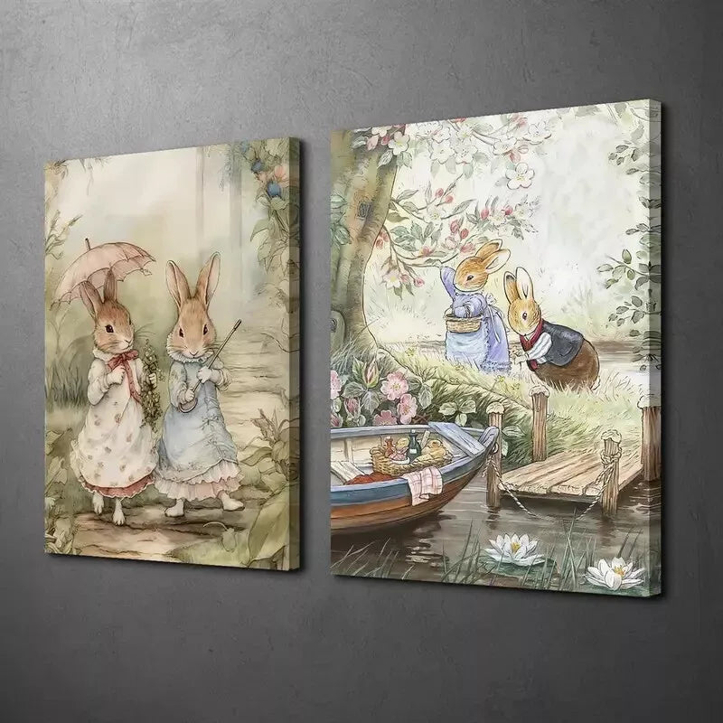 2pcs Painting of Two Rabbit Lovers Canvas Framed 50x75cm - High Quality Print 100% Australian Made Wall Canvas Ready to Hang - Bella Home Decor