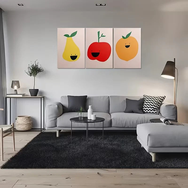 3pcs Smiling Pineapple, Apple & Banana Metal Print Ready to Hang Art