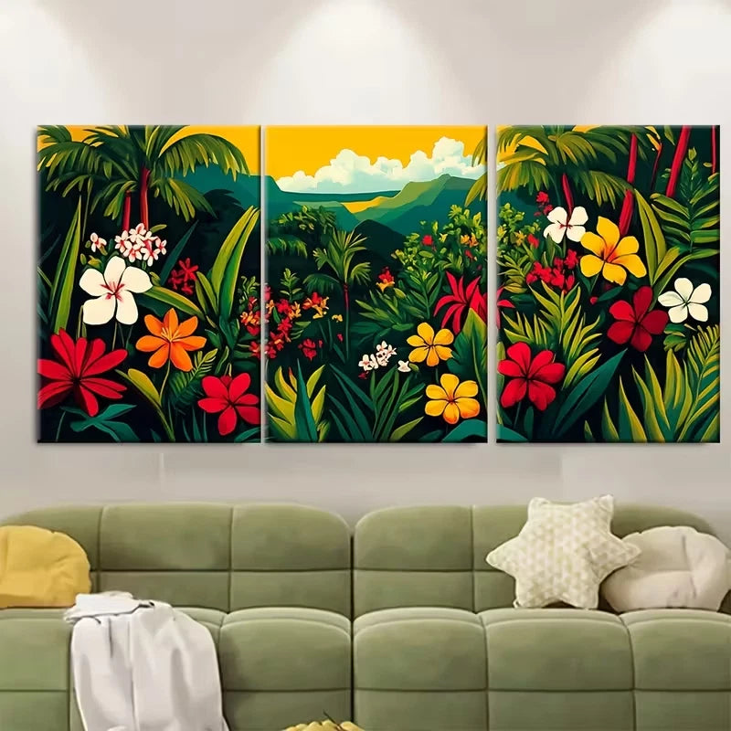 3pcs Tropical Scenery with Palm Trees & Flowers Metal Print Ready to Hang Art