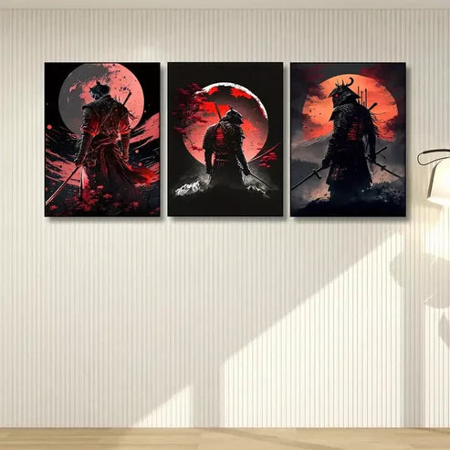 3pcs Cherry Blossom Sunset Japanese Samurai Wall Art Set Canvas Unframed - High Quality Print 100% Australian Made Wall Canvas - Bella Home Decor