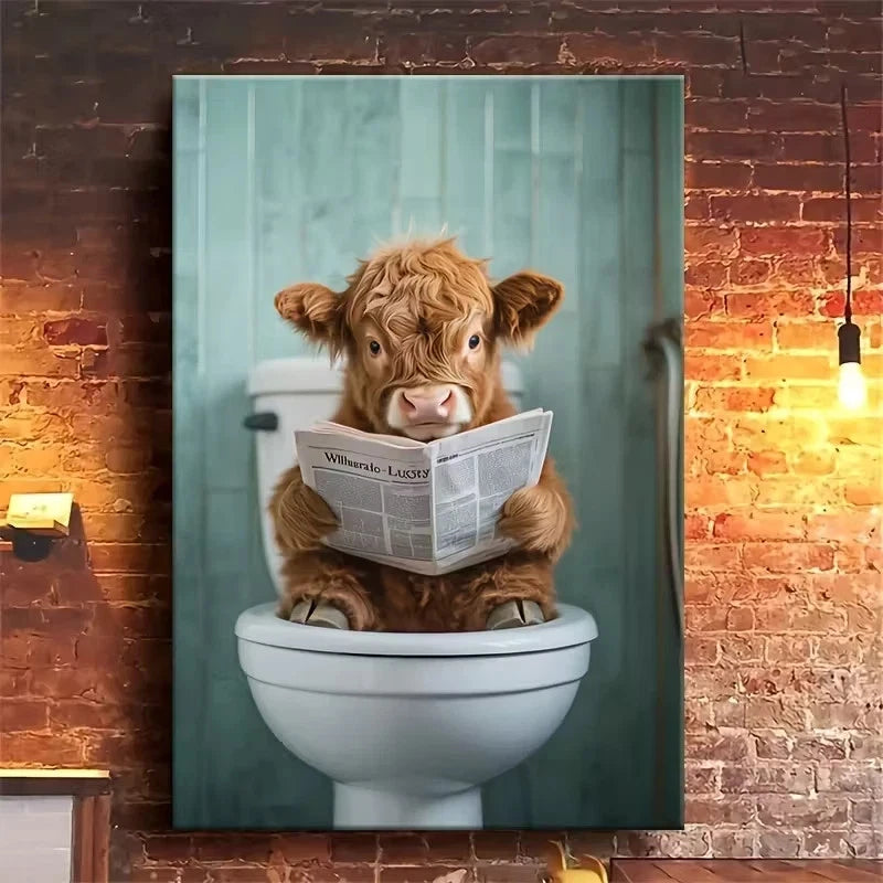 Whimsical Calf Reading on Toilet Metal Print Ready to Hang
